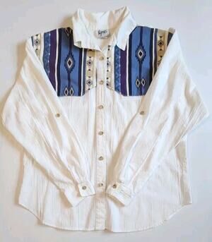 Vtg 80s Womens Aztec Southwestern Shirt Sz Med White Navajo Long Sleeve Cotton